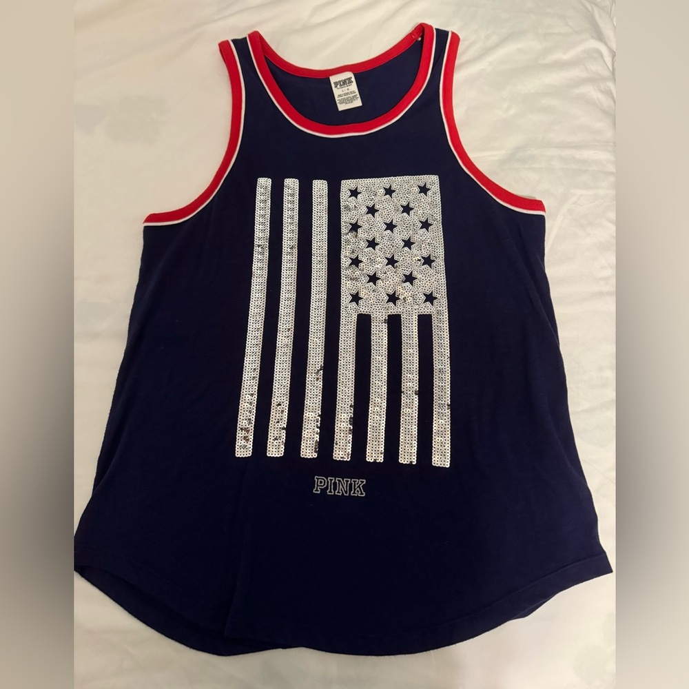 PINK Women’s Large Blue w/sequin Silver American Flag